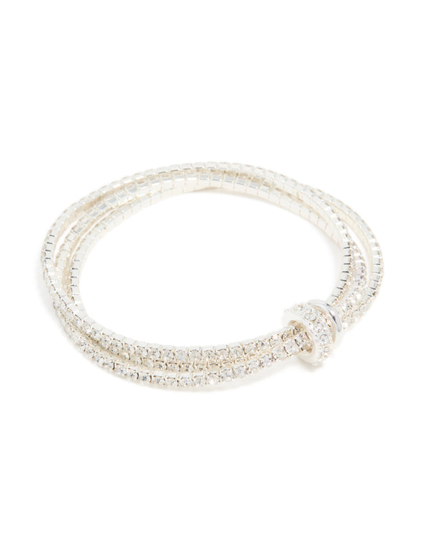 Featuring a silver diamante simple loop stretch bracelet in front view