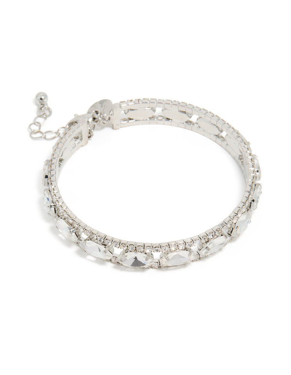 Elegant silver diamante shiny bracelet with oval stone cut in front view