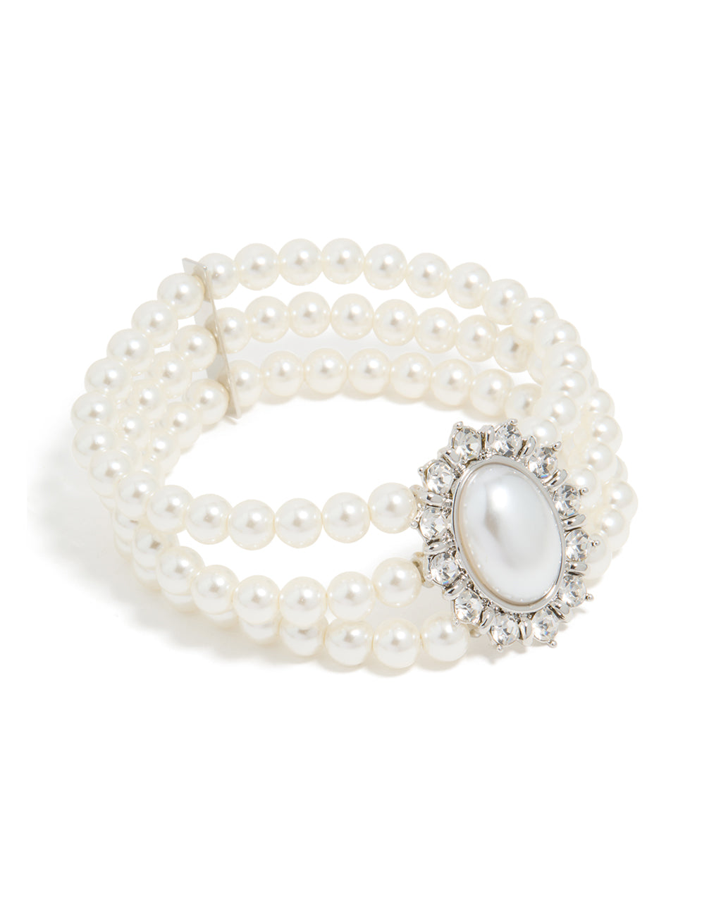 Crafted from silver diamante and pearl layered bracelet in front view
