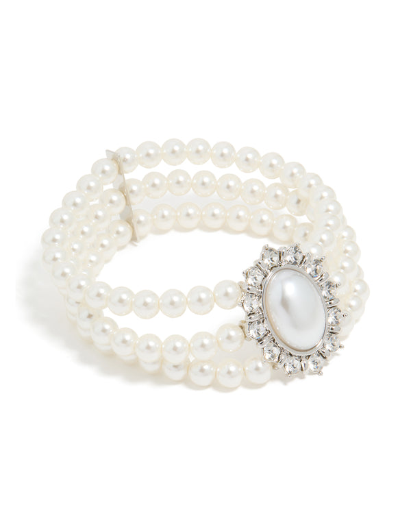 Crafted from silver diamante and pearl layered bracelet in front view
