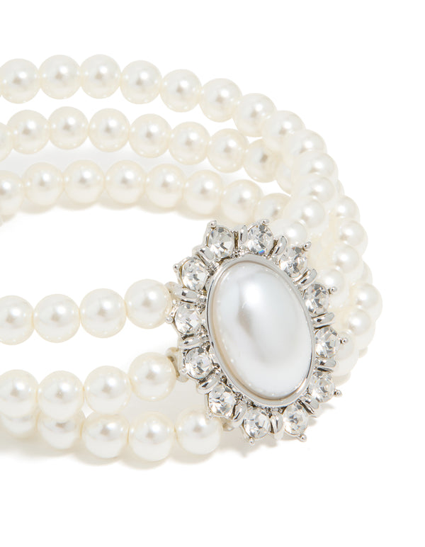 Silver diamante and pearl layered bracelet in close up view
