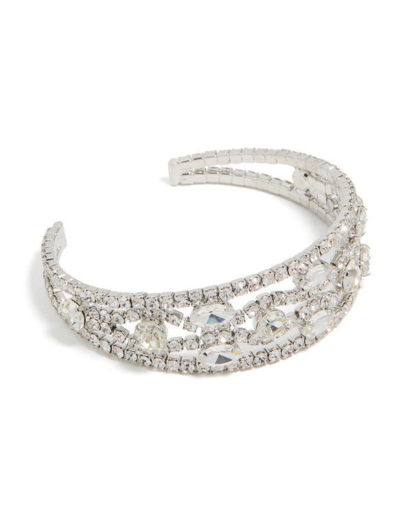 Beautifully crafted silver diamantes fancy wrist cuff bangle in front view