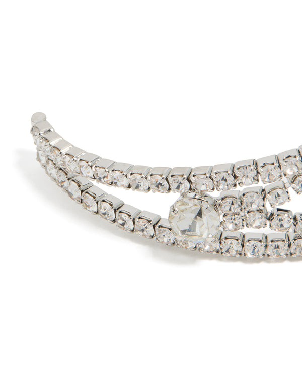 Highlighting the silver diamantes fancy wrist cuff bangle in closure detail view