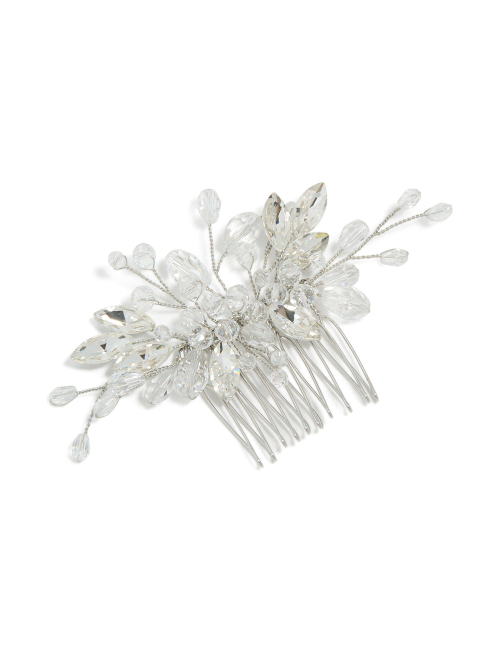 Elegant diamante floral vine hair comb with beads accents in silver front view