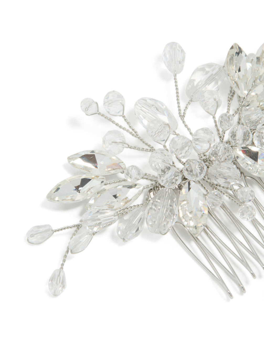 This diamante floral vine hair comb features beads accents in silver detail view
