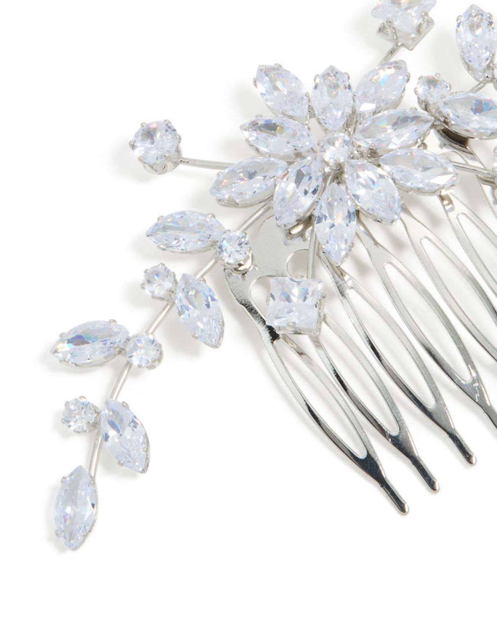 Crafted with silver diamante floral statement hair comb showcases an elegant detail view