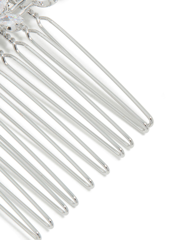 Designed with silver diamante dainty hair comb with floral elements side view