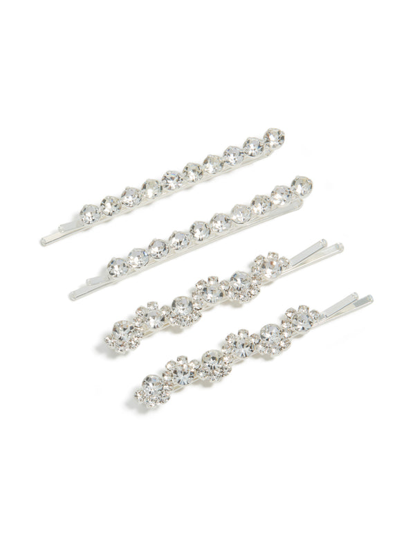 Discover silver diamantes hair clips in a 4-pack front view