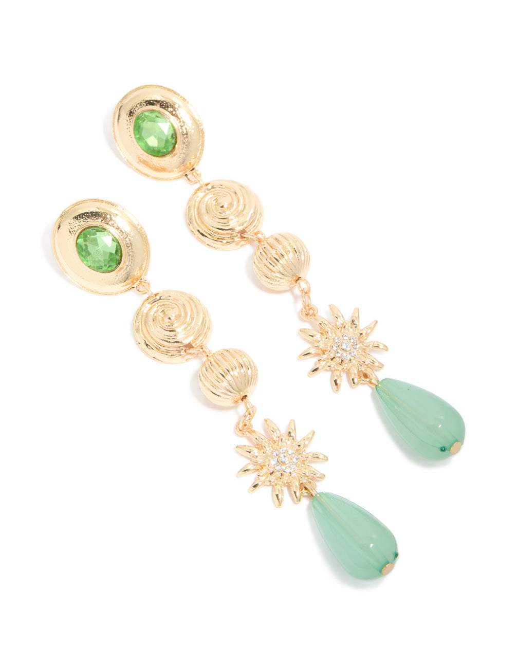 Gold Swirl & Green Diamante Drop Earrings