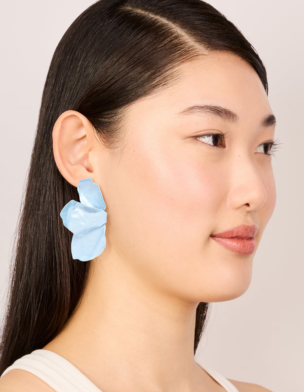 Light Blue Coated Metal Flower Petal Drop Earrings