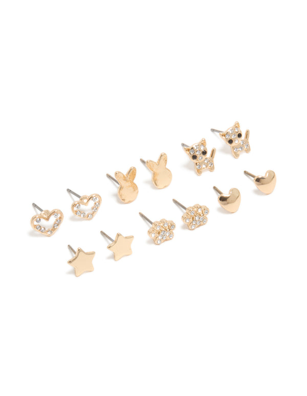 Kids Gold Glitzy Cat & Heart Stud Earrings 6-Pack