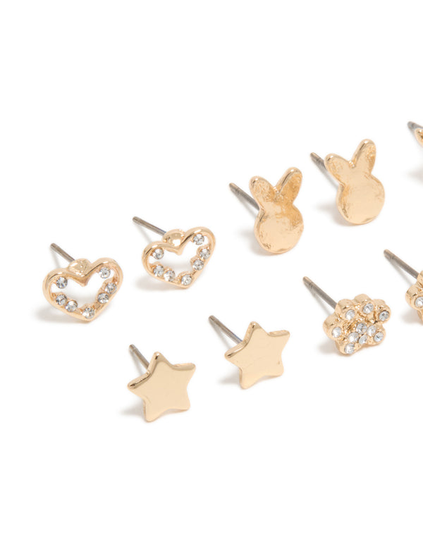 Kids Gold Glitzy Cat & Heart Stud Earrings 6-Pack
