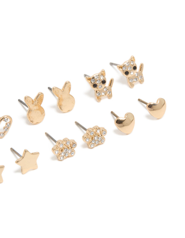 Kids Gold Glitzy Cat & Heart Stud Earrings 6-Pack