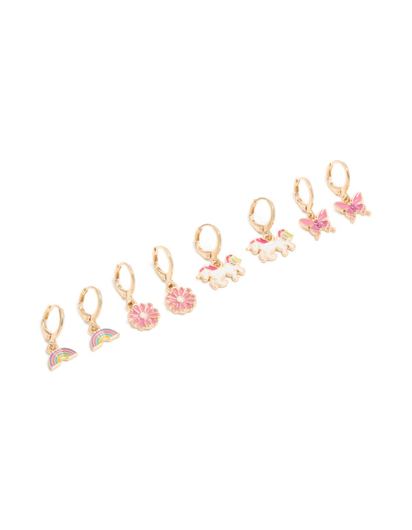 Kids Gold Unicorn & Rainbow Huggie Earrings 4-Pack
