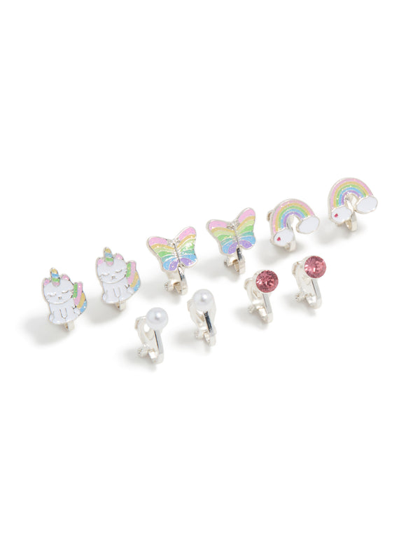 Kids Silver Rainbow Unicorn Cat Clip On Earrings 5-Pack
