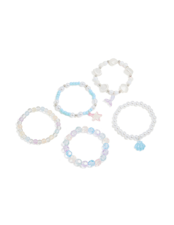 Discover kids beaded pearl shell stretch bracelets in white light blue lavender and silver featuring ocean front view