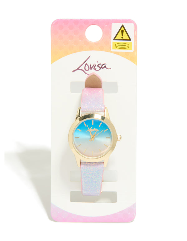 Featuring a kids’ pink and purple ombre PU leather mini watch with a glitter finish, blue dial, round case, and analog designed for women’s casual wear case detail view