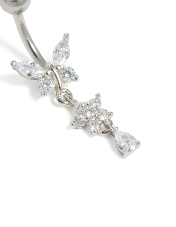 Surgical Steel Cubic Zirconia Butterfly & Flower Belly Bar