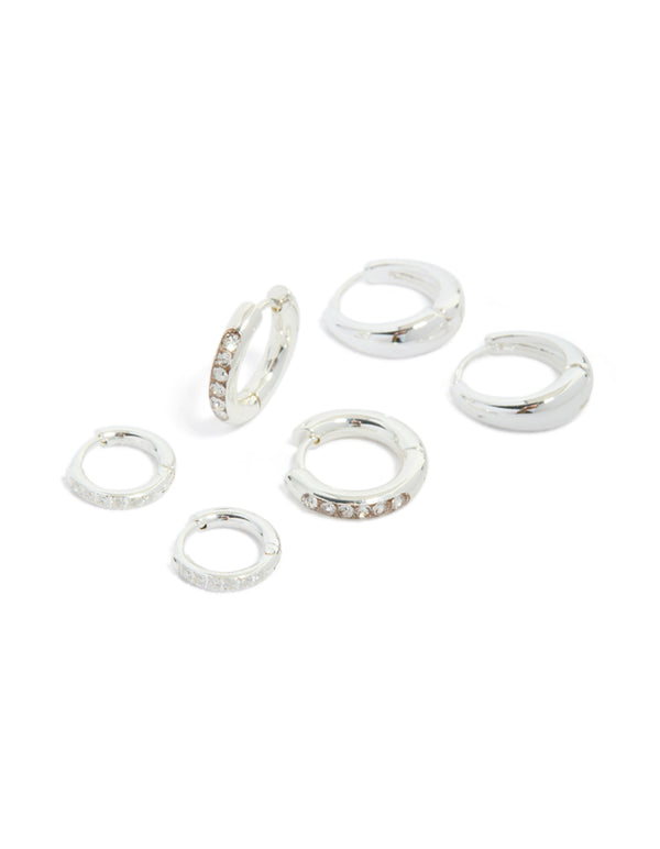 Waterproof Stainless Steel Basic, Pavé & Plain Huggie Earrings 3-Pack