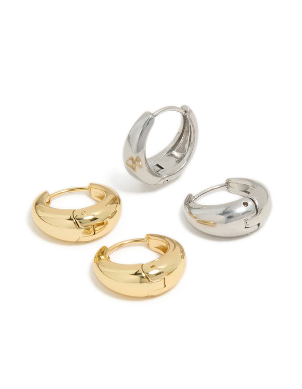 Waterproof mixed metal plated stainless steel tapered mini huggie earrings 2-pack in gold and silver front