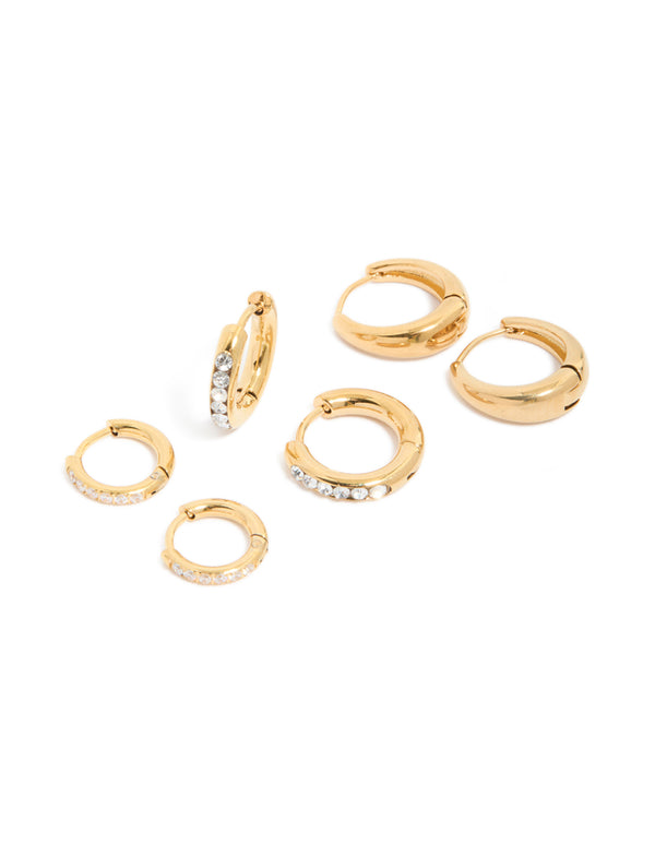 Waterproof Gold Plated Stainless Steel Pavé & Plain Huggies Earrings 3-Pack