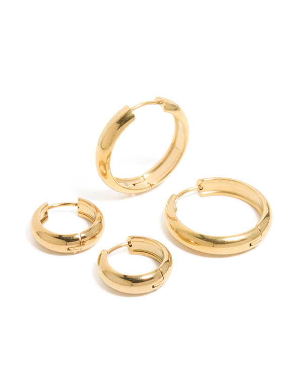 Waterproof Gold Plated Stainless Steel Thick Small & Large Hoop Earrings 2-Pack