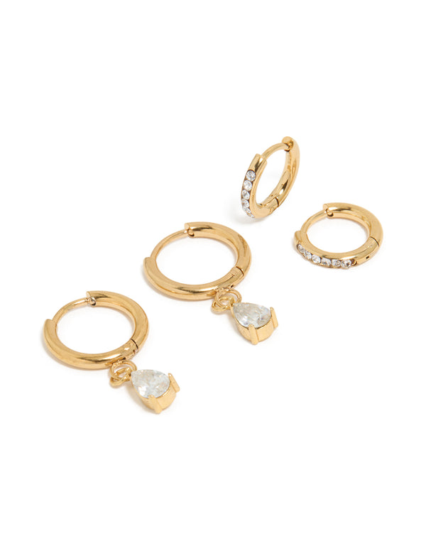 Waterproof Gold Plated Stainless Steel Cubic Zirconia Huggie Earrings 2-Pack
