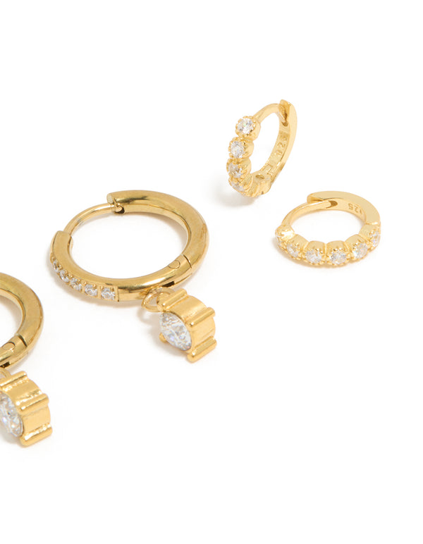 Waterproof Gold Plated Stainless Steel Cubic Zirconia Stud & Huggie Earrings 3-Pack