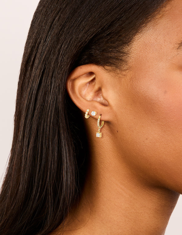 Waterproof Gold Plated Stainless Steel Cubic Zirconia Stud & Huggie Earrings 3-Pack