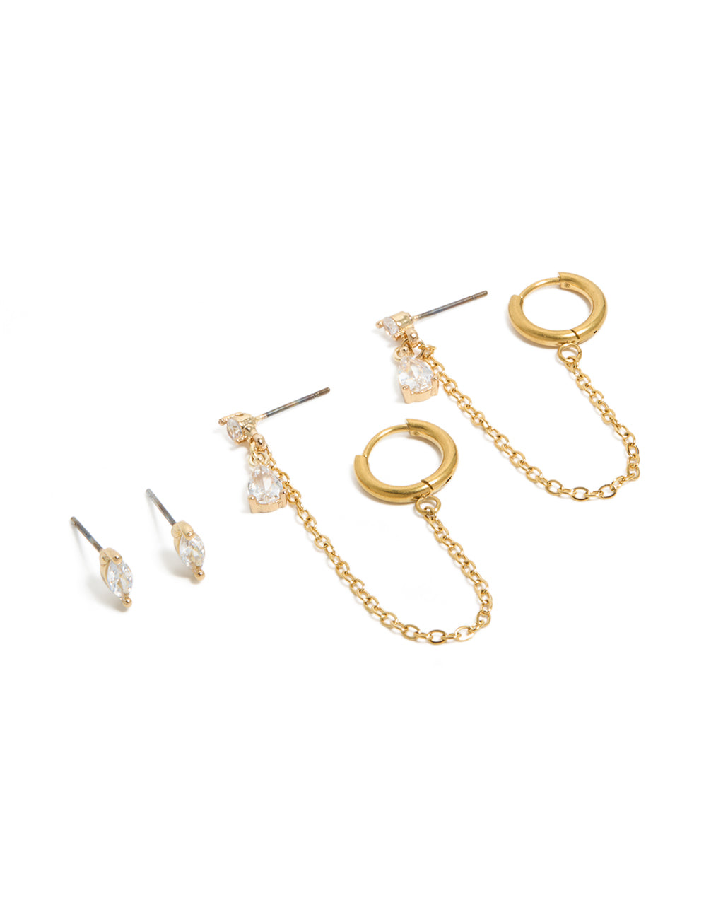Discover waterproof gold plated stainless steel mixed cubic zirconia stud earrings 2-pack with marquise stone cut featuring huggie closure in gold front view