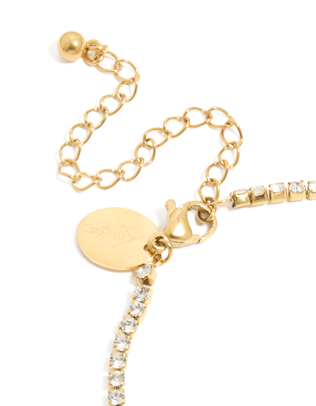 Crafted from waterproof gold plated stainless steel letter K initial tennis bracelet in closure detail view