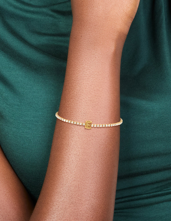 Waterproof Gold Plated Stainless Steel Cubic Zirconia Tennis Letter E Bracelet