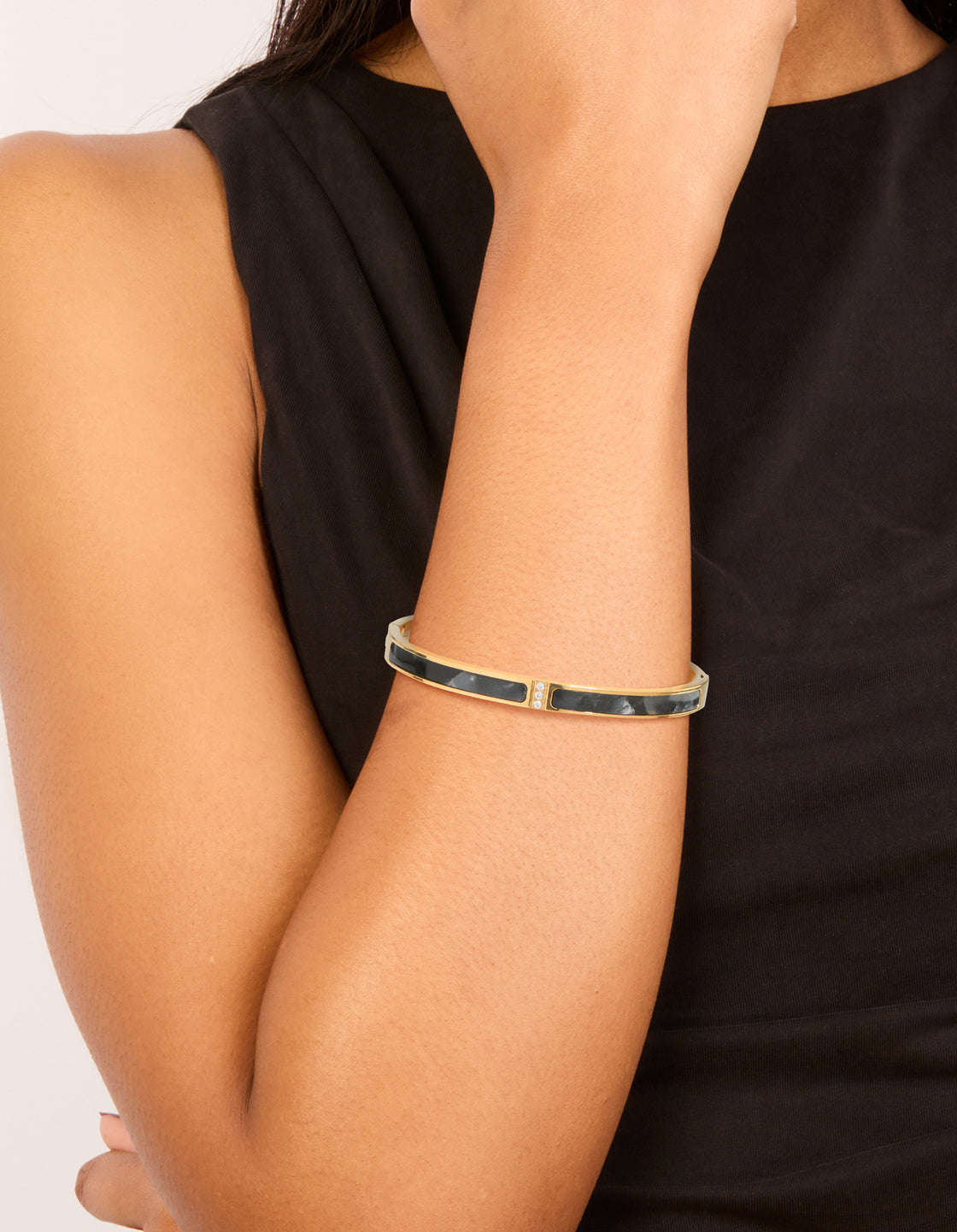 Waterproof Gold Plated Stainless Steel Black Pearlised Inlay Hinged Bangle
