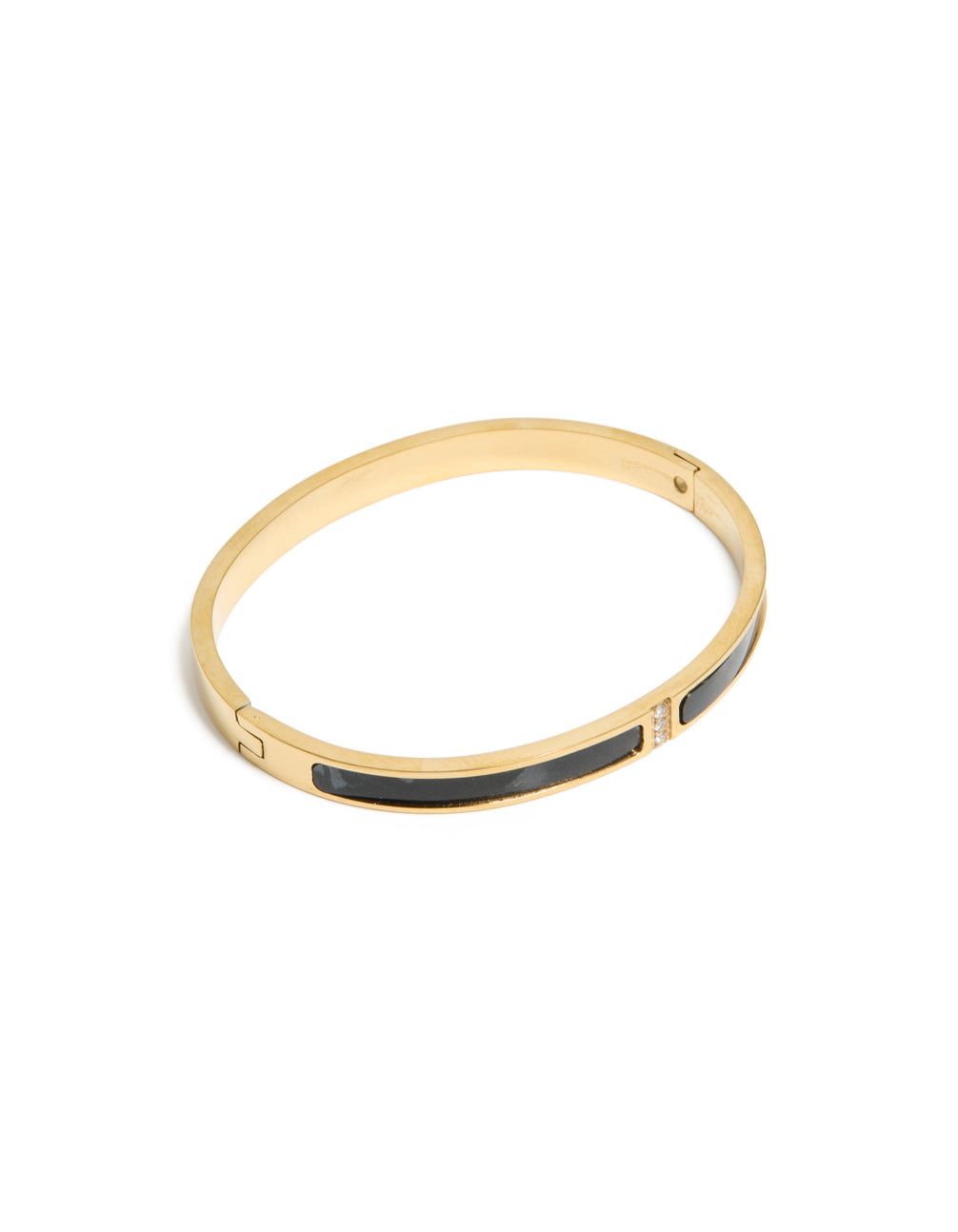 Waterproof Gold Plated Stainless Steel Black Pearlised Inlay Hinged Bangle