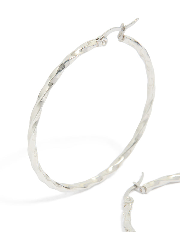 Designed with textured surgical steel hoop earrings in silver 40 MM close up view