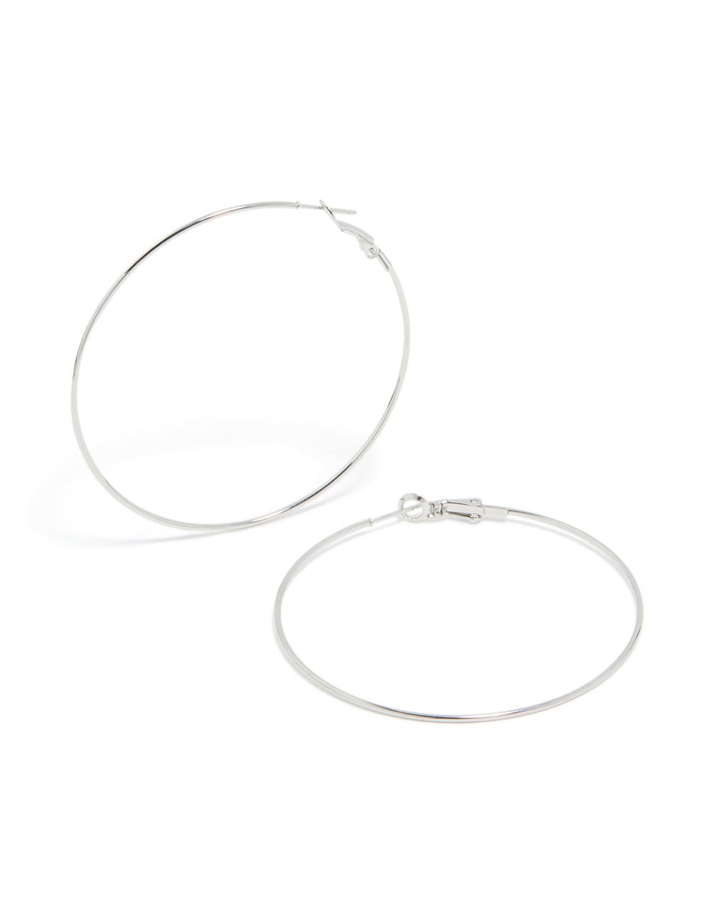 Elegant surgical steel fine hoop earrings in 60 MM featuring silver finish front view