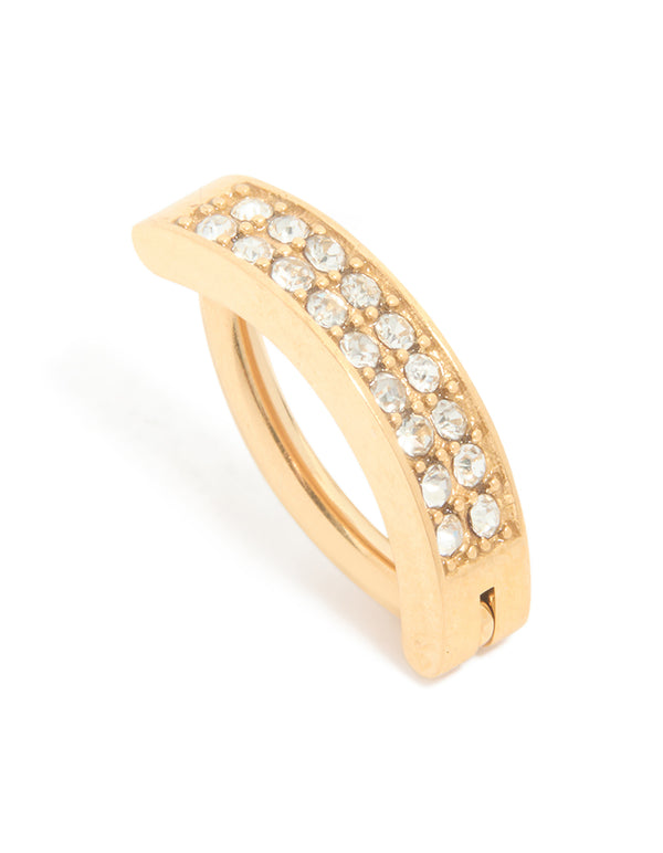Showcasing a curved belly ring crafted from gold plated titanium with cubic zirconia cluster front view