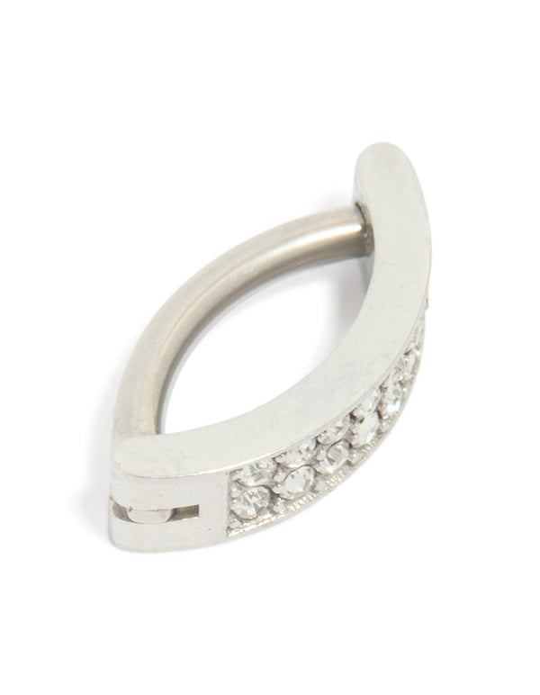 Designed with a titanium cubic zirconia cluster curved ring belly ring, in silver side view