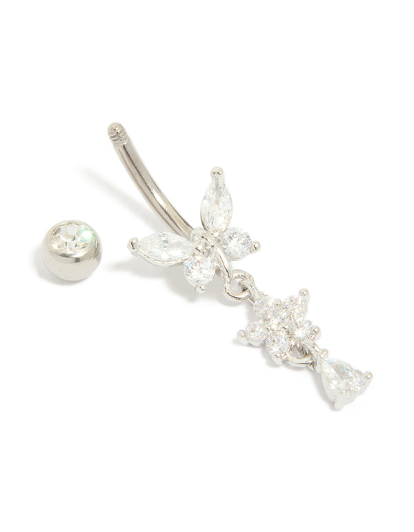 Featuring a titanium cubic zirconia butterfly and flower belly bar with balls and charm in silver detail view