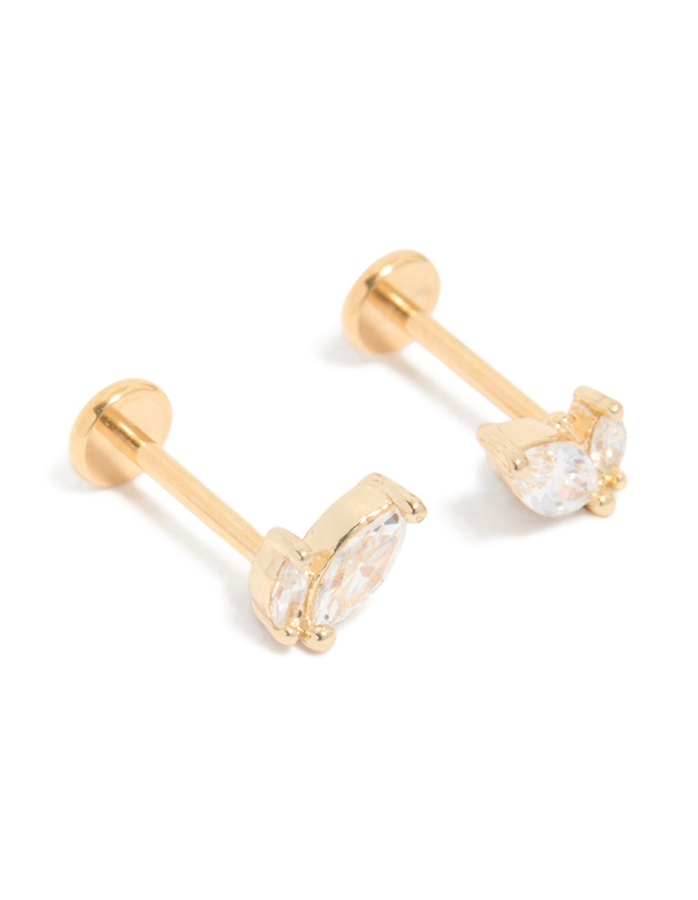 Beautifully crafted marquise cubic zirconia stud earrings with gold plated titanium and flat back closure in a front view