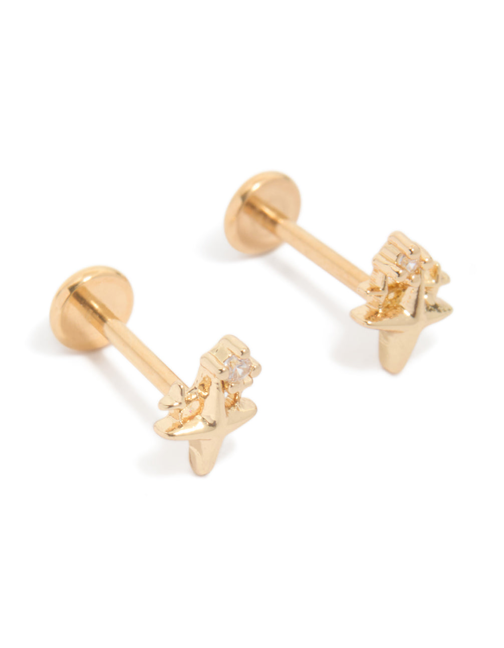 Introducing dainty celestial stud earrings crafted from gold plated titanium with cubic zirconia stones and flat back closure in a front view