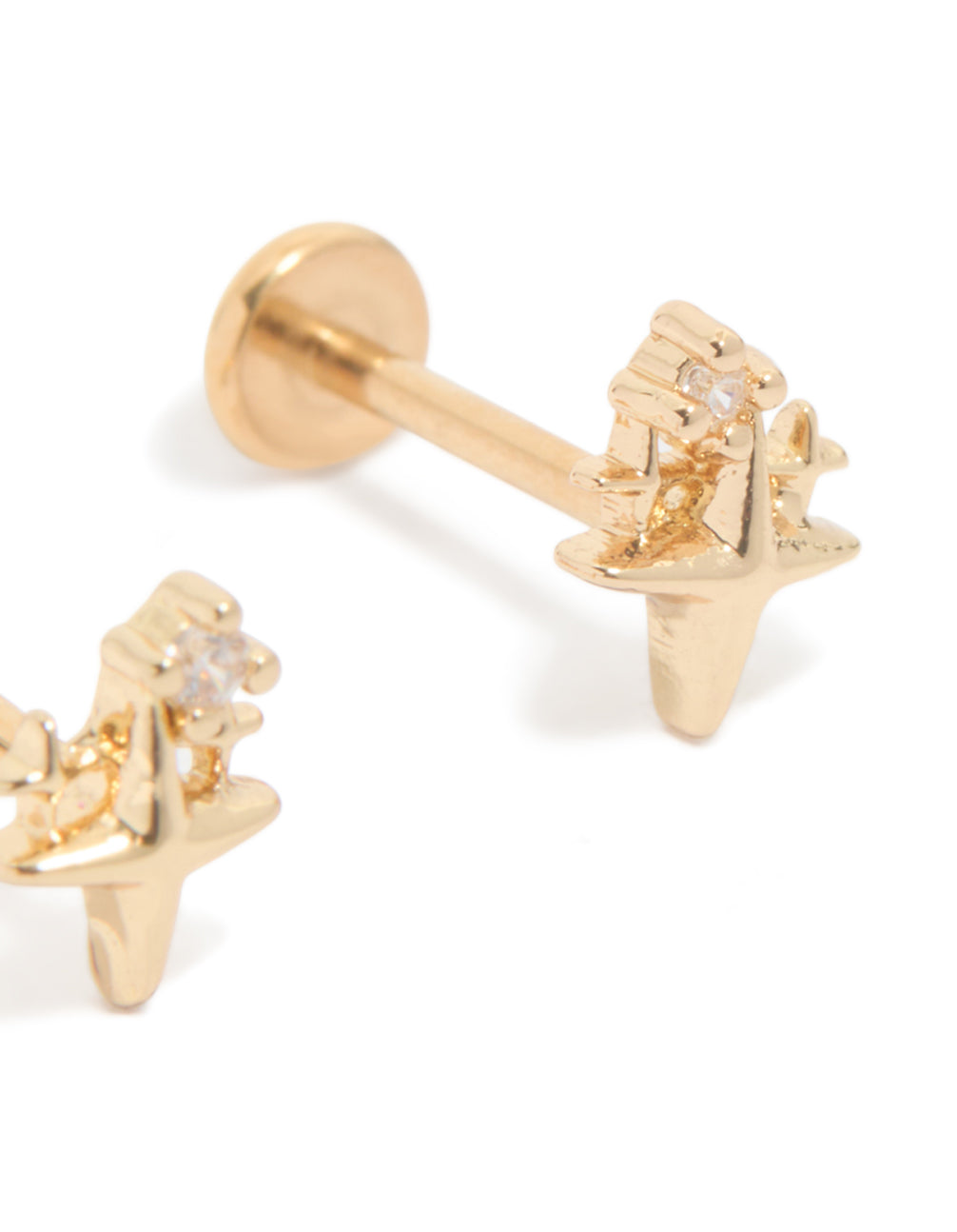 Discover dainty celestial stud earrings made from gold plated titanium with cubic zirconia stones and flat back closure in a post detail view