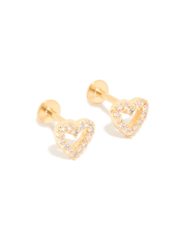 Crafted from gold plated titanium, these open heart flat back studs feature cubic zirconia in a front view