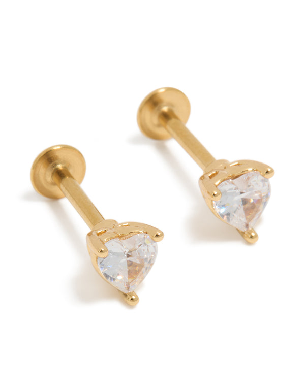 Gold Plated Surgical Steel Cubic Zirconia Heart Flat Back Studs