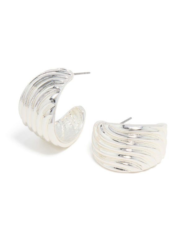 Silver Ribbed Wave Open Hoop Earrings