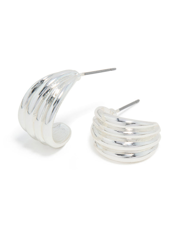Silver Ridged Open Hoop Earrings