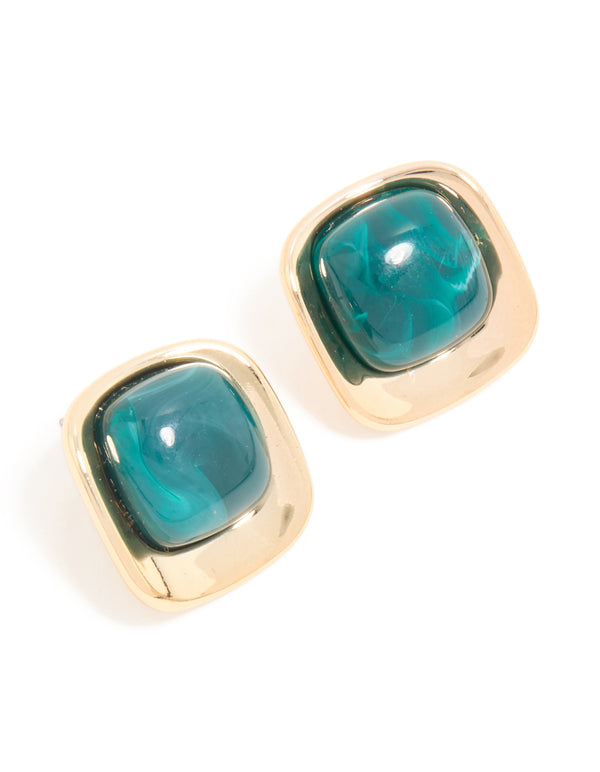 Gold Aqua Marble Stone Centre Square Stud Earrings