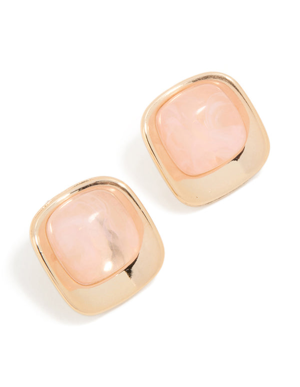 Gold Pink Marble Stone Centre Square Stud Earrings