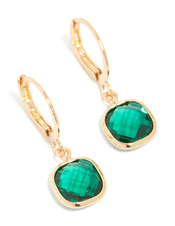 Gold Dark Green Diamante Square Huggie Earrings