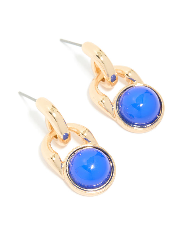 Gold Blue Stone Doorknocker Stud Earrings